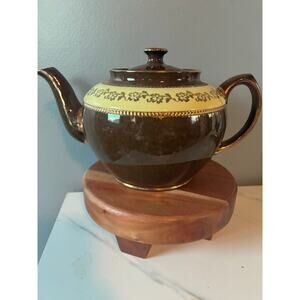 Vintage S.E.&R. Staffordshire England Brown Glazed Floral Teapot Gold Trim